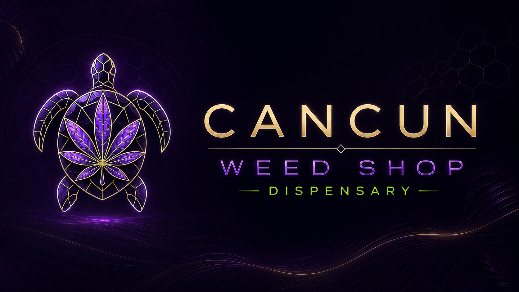 Cancun Weed Shop Dispensary official cover — neon purple stained-glass sea turtle logo with cannabis leaf, cannabis delivery Cancun Hotel Zone